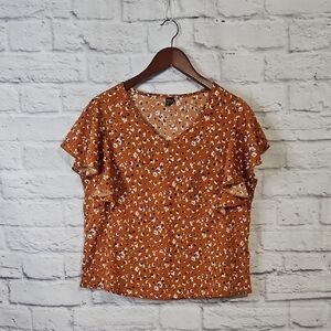 SHEIN Burnt Orange Floral V-Neck Blouse